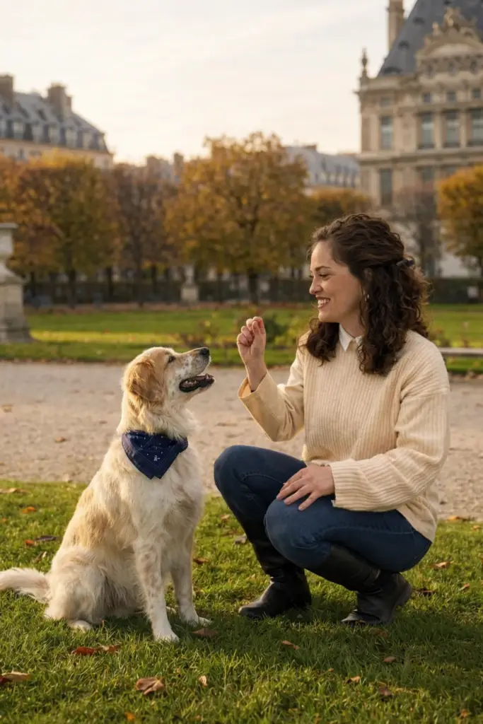Sophie Sturer, éducatrice canine comportementaliste à Thionville, travaillant avec un jeune golden retriever dans un parc en automne