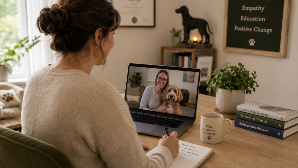 Femme prenant des notes lors d'une séance de consultation canine en visioconférence